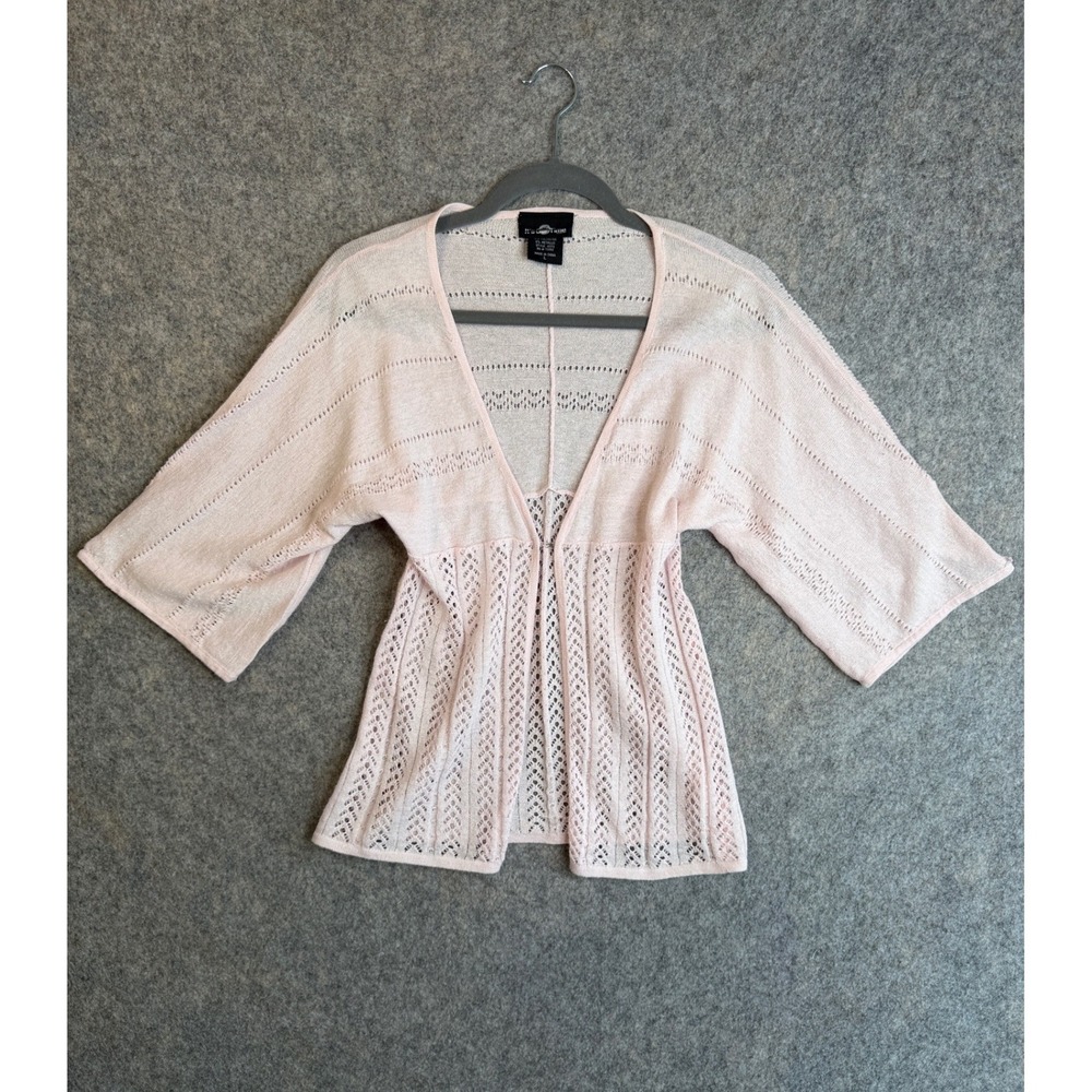 Vintage Y2K Coquette Pink Shimmer Pointelle Knit Open Cardigan Balletcore Top Lg